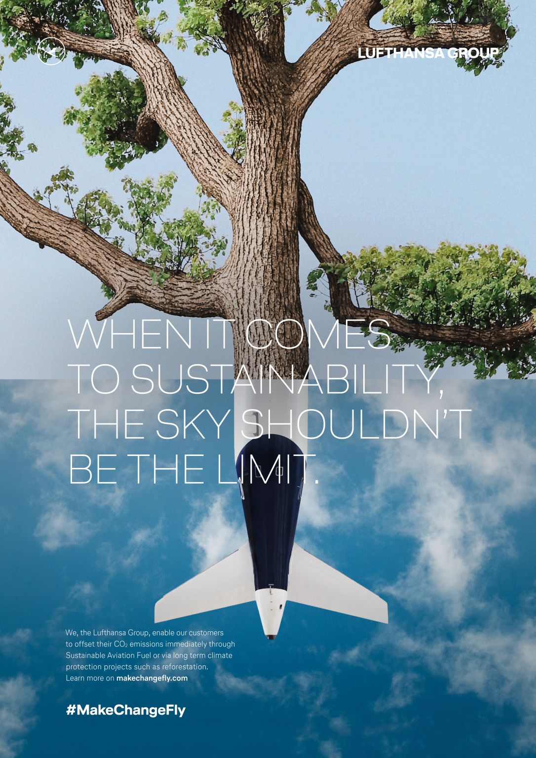 Lufthansa advertising poster showing half a plane and half of a tree